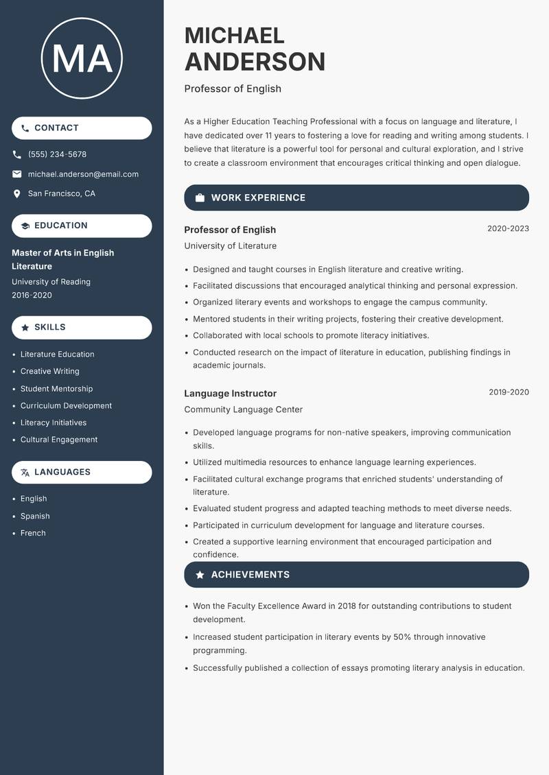 Higher Education Teaching Professional Resume Preview Example