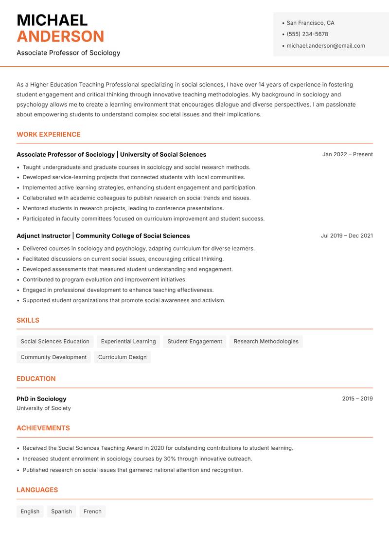 Higher Education Teaching Professional Resume Template