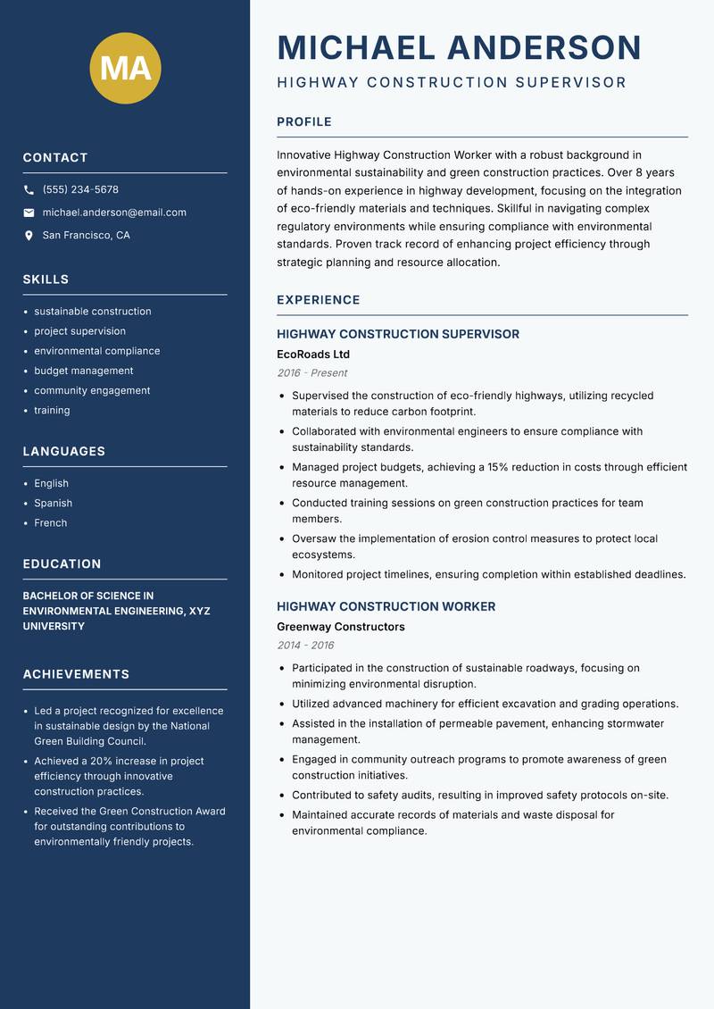Highway Construction Worker Resume Preview Example