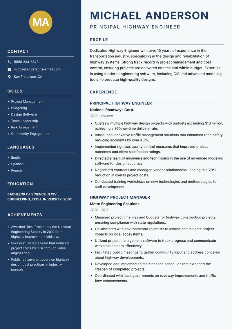 Highway Engineer Resume Preview Example
