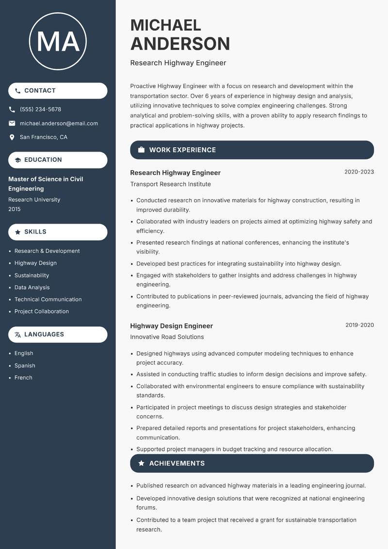 Highway Engineer Resume Preview Example