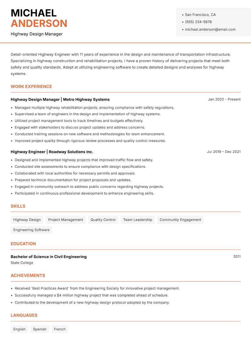 Highway Engineer Resume Template