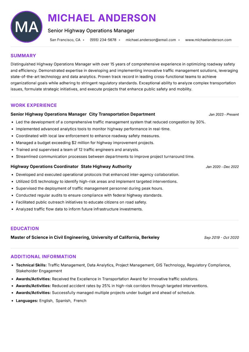 Highway Operations Manager Resume Preview Example