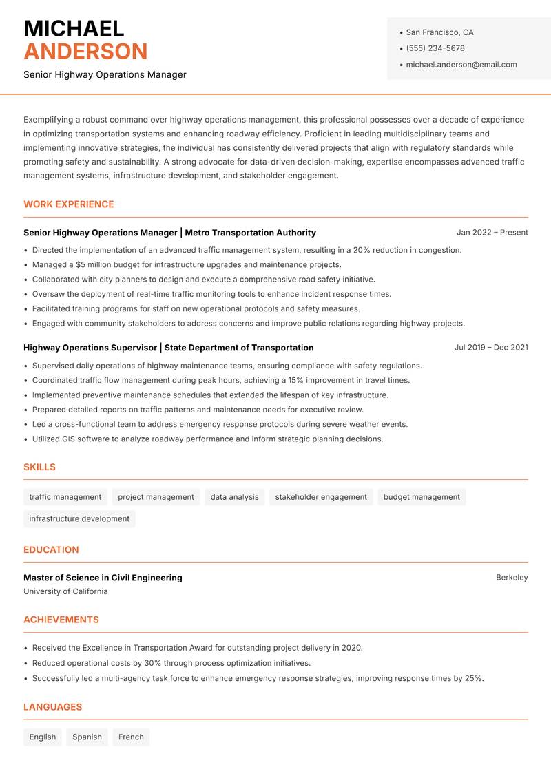 Highway Operations Manager Resume Template