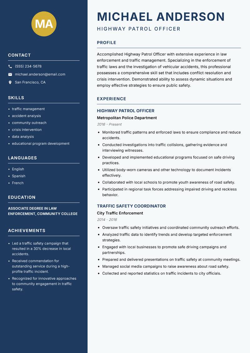 Highway Patrol Officer Resume Preview Example