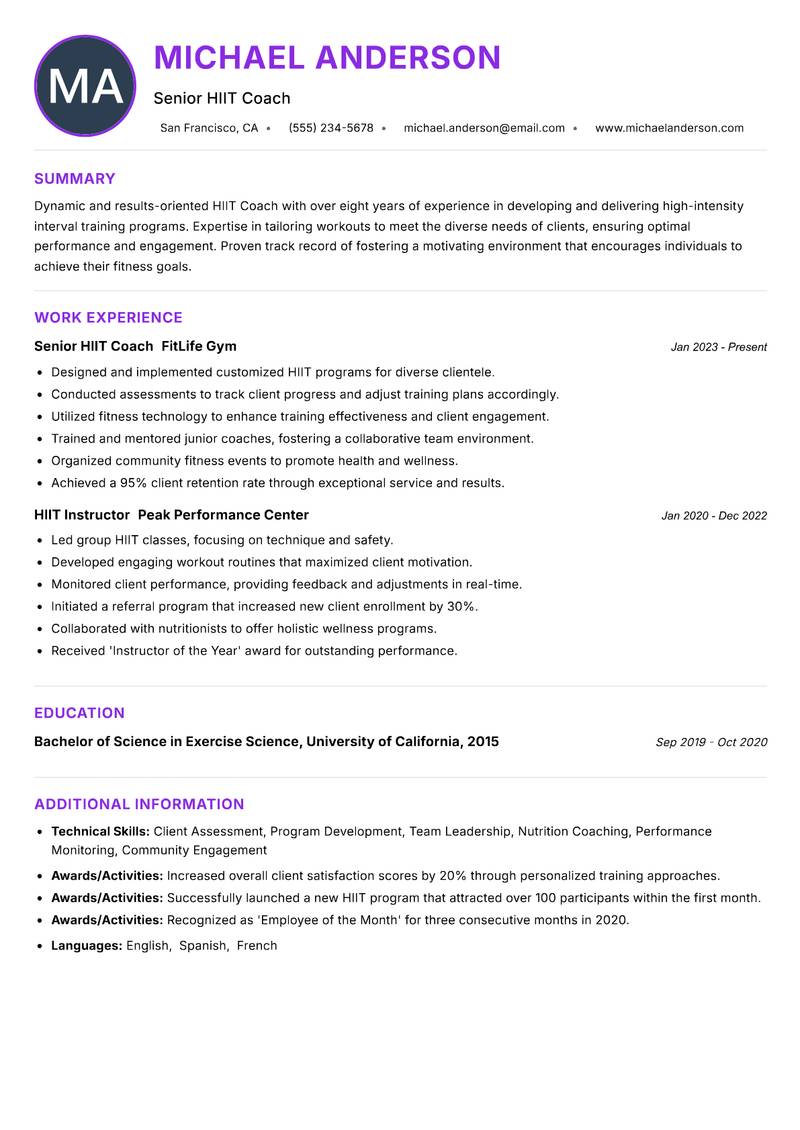 HIIT Coach Resume Preview Example