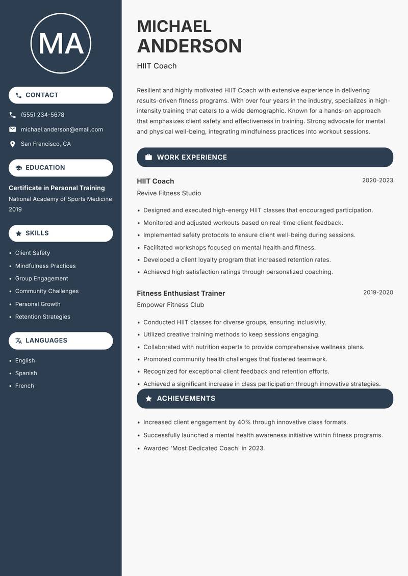 HIIT Coach Resume Preview Example