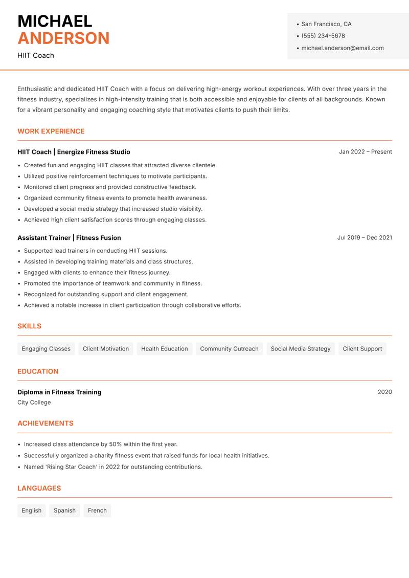 HIIT Coach Resume Template