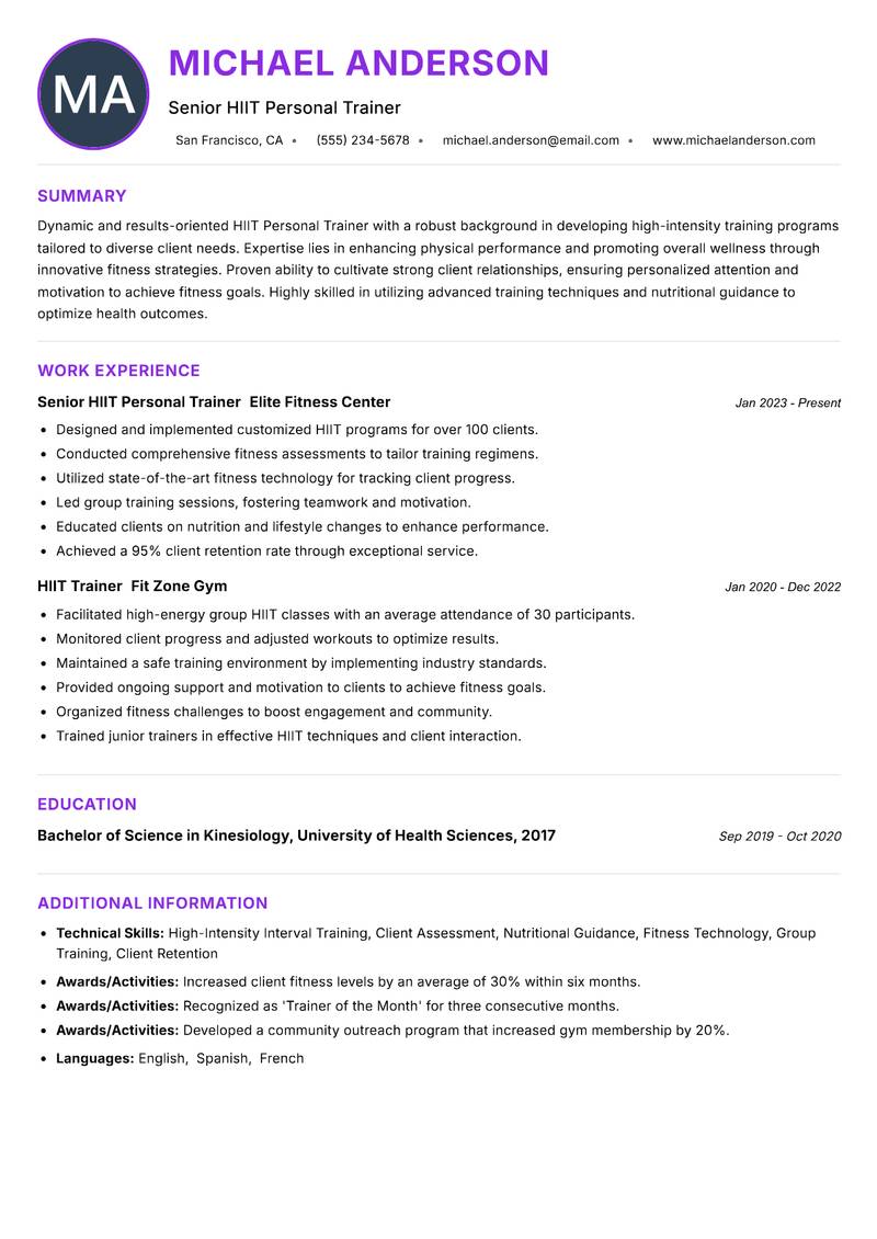 HIIT Personal Trainer Resume Preview Example