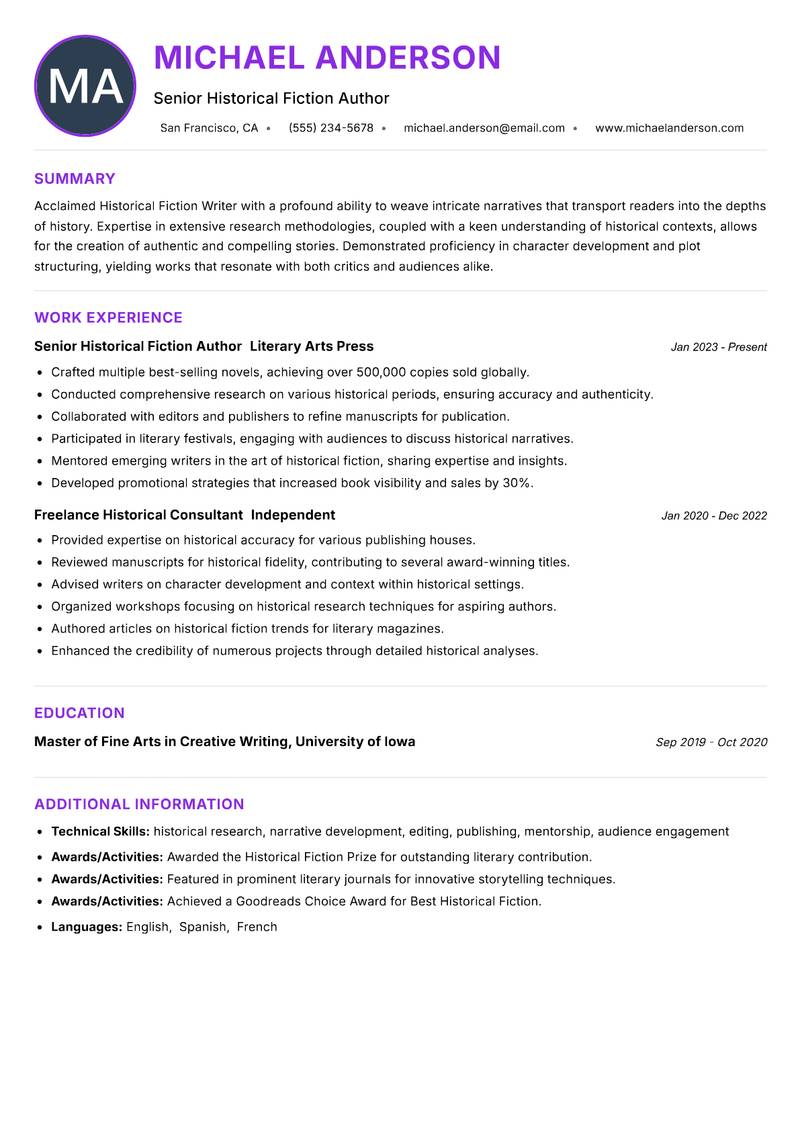 Historical Fiction Writer Resume Preview Example