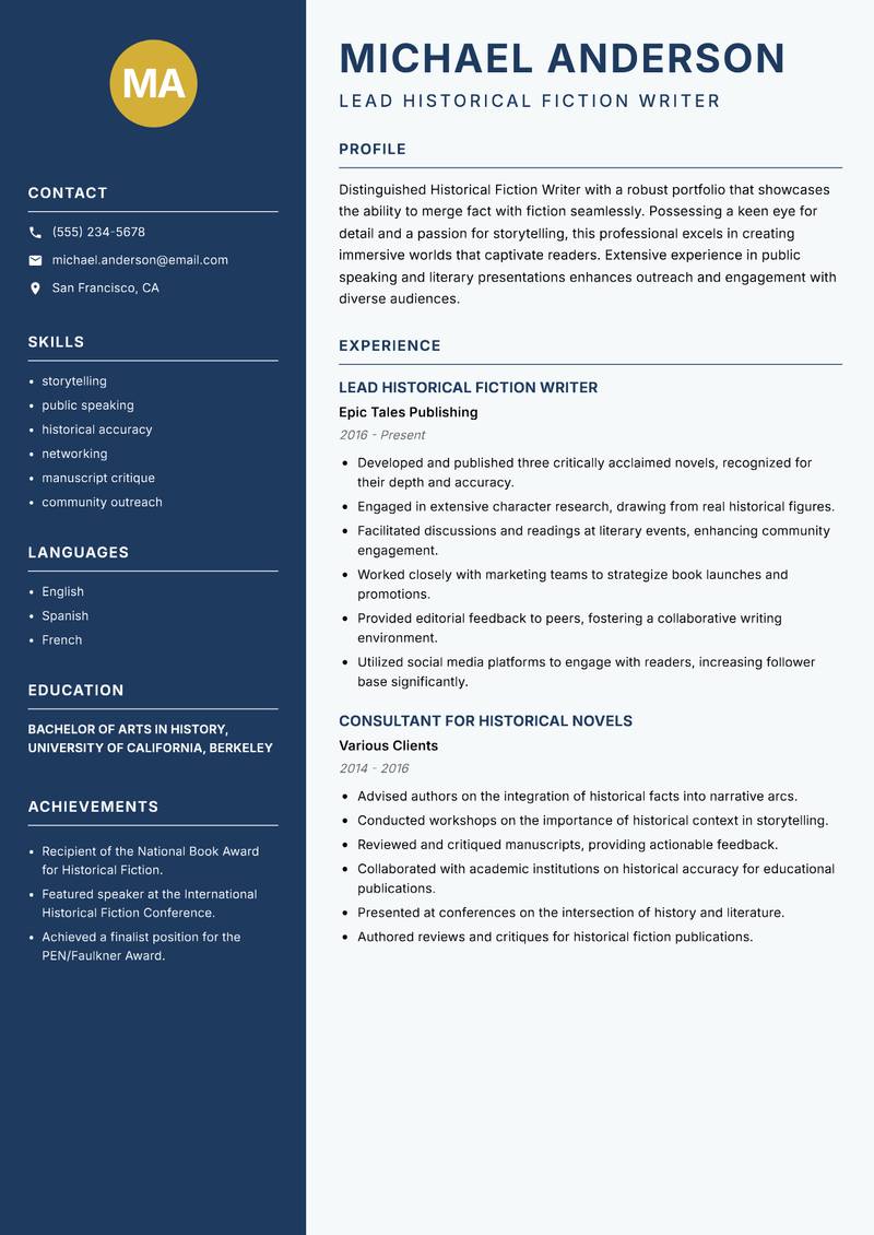 Historical Fiction Writer Resume Preview Example