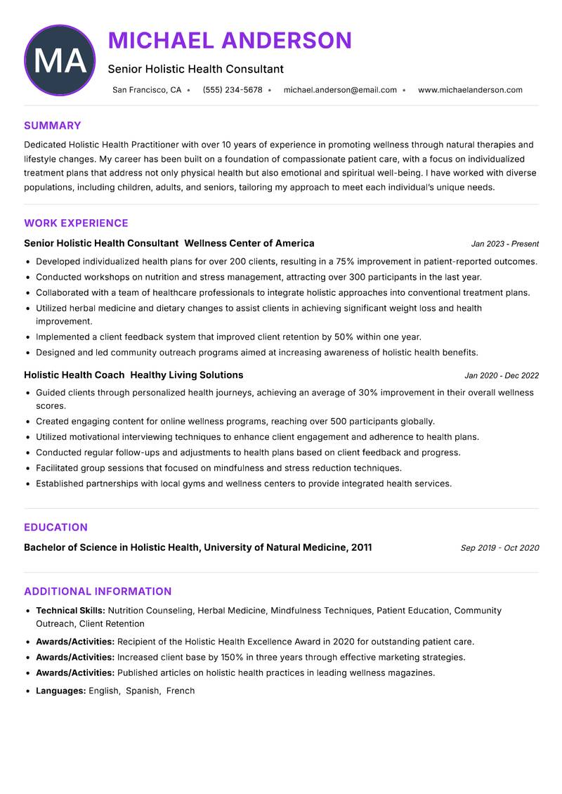 Holistic Health Practitioner Resume Preview Example