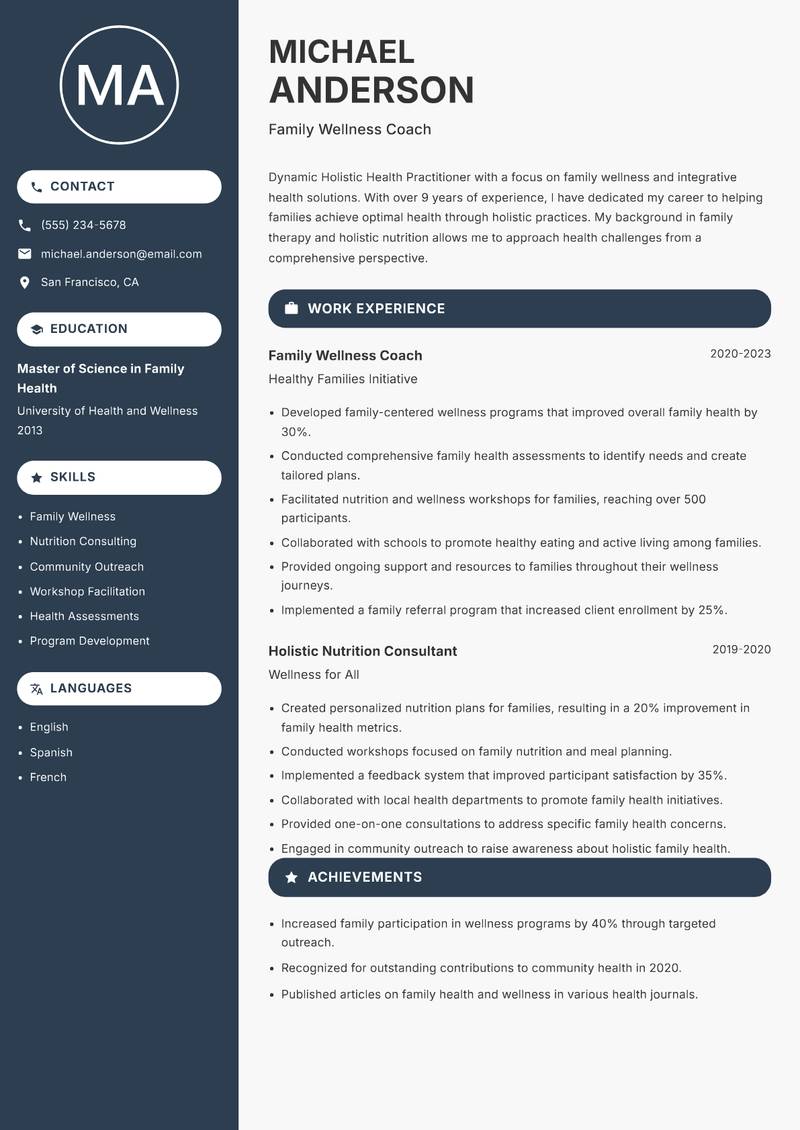 Holistic Health Practitioner Resume Preview Example