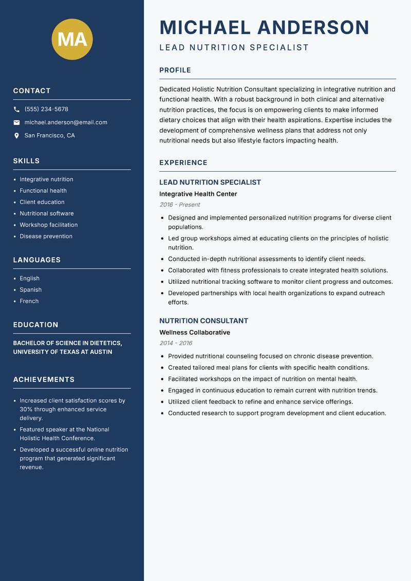 Holistic Nutrition Consultant Resume Preview Example