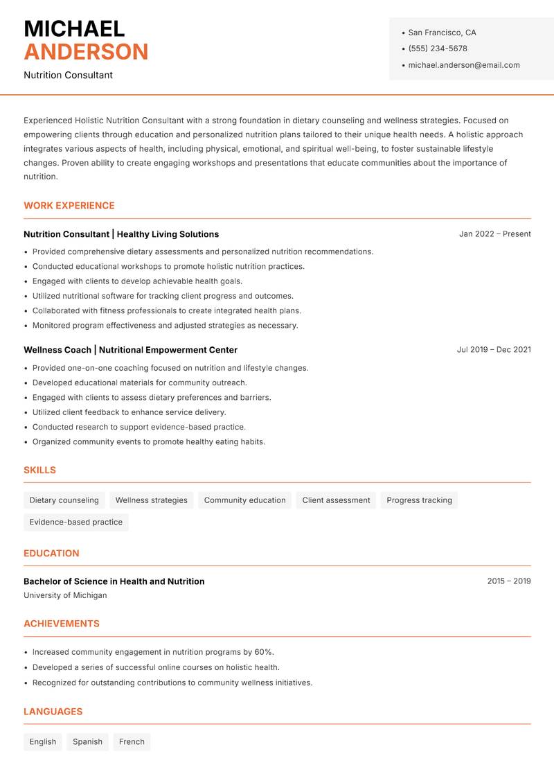 Holistic Nutrition Consultant Resume Template