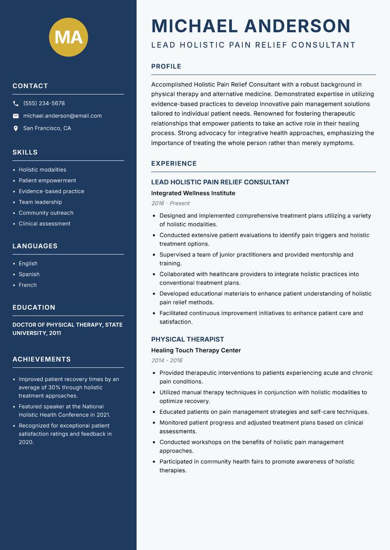 Holistic Pain Relief Consultant Resume Preview Example