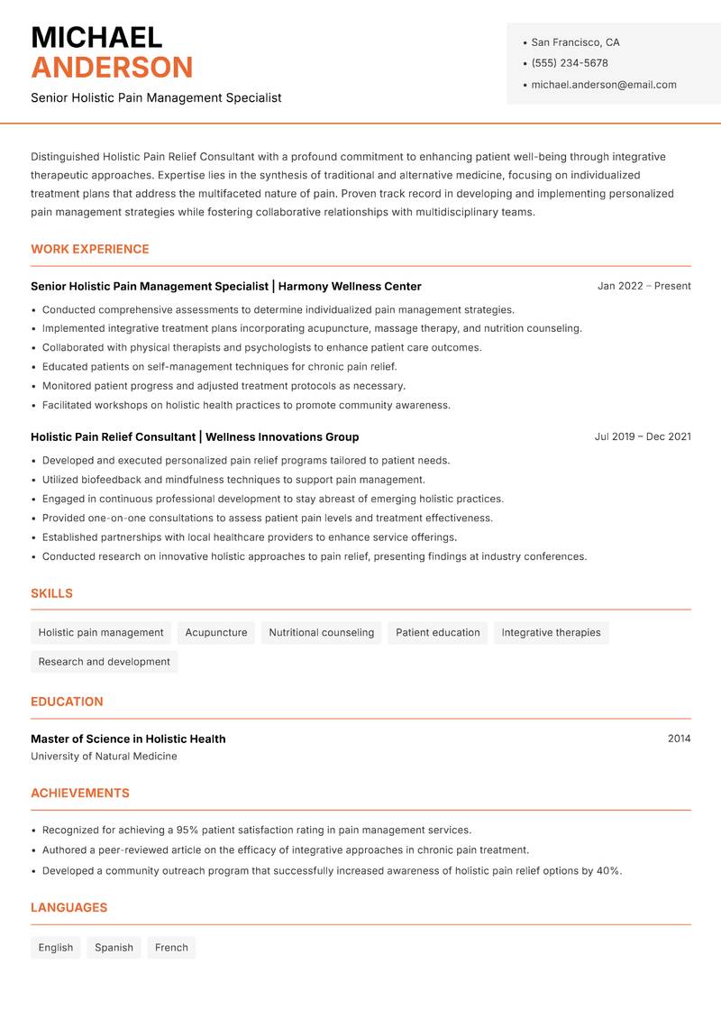 Holistic Pain Relief Consultant Resume Template