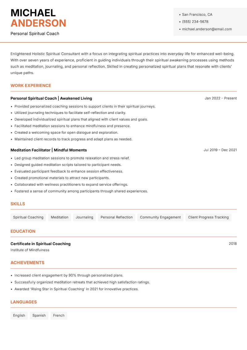 Holistic Spiritual Consultant Resume Template