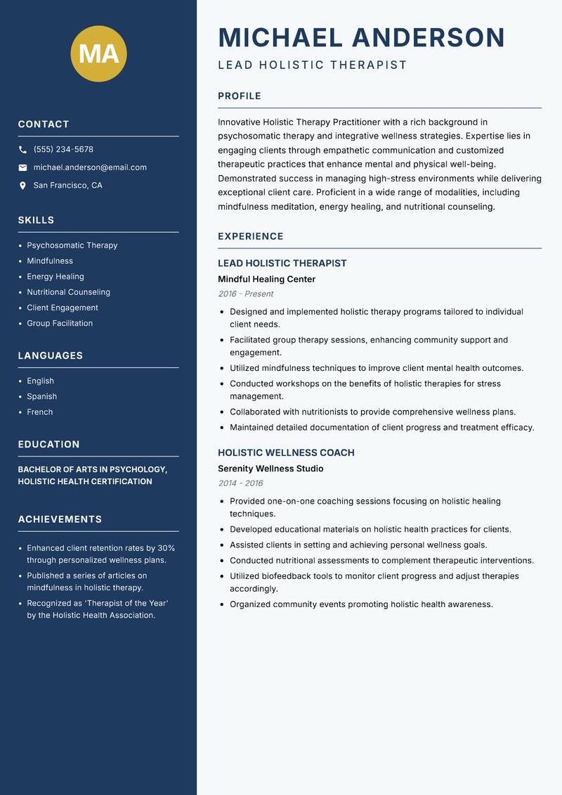 Holistic Therapy Practitioner Resume Preview Example