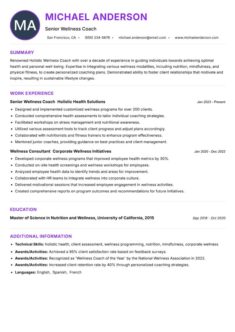 Holistic Wellness Coach Resume Preview Example