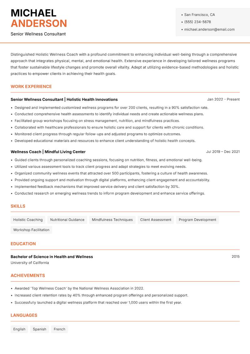 Holistic Wellness Coach Resume Template