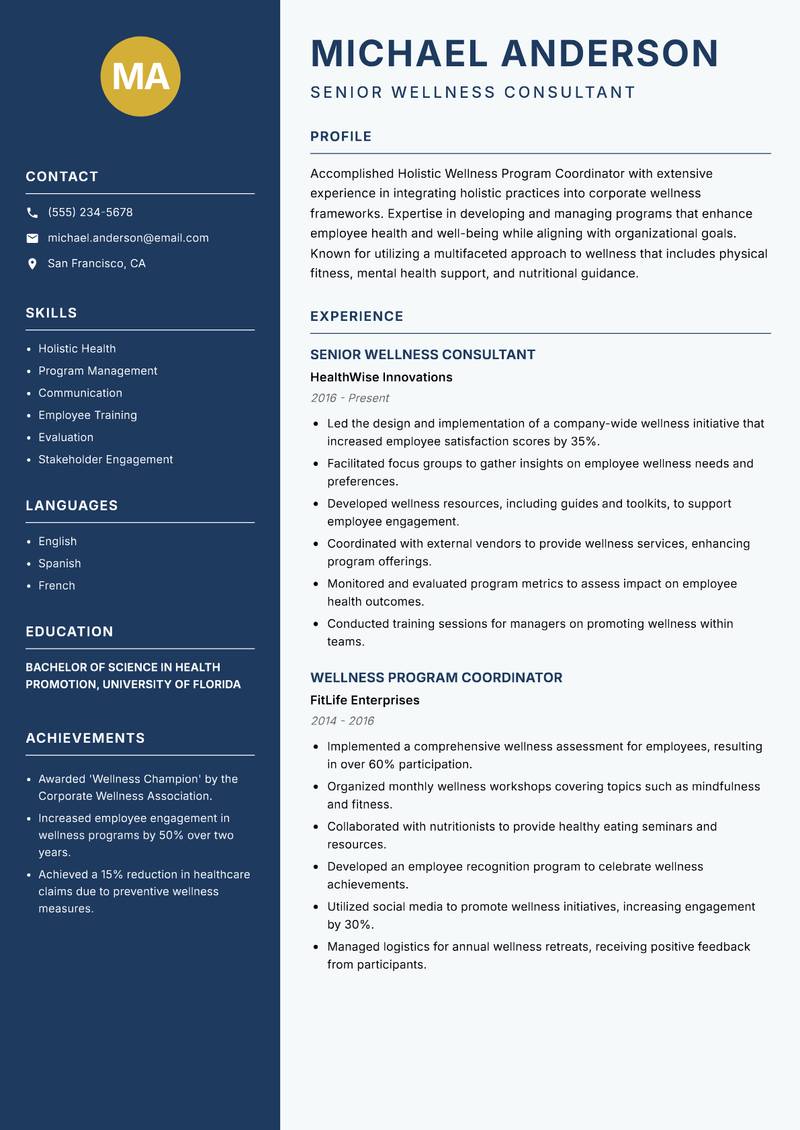 Holistic Wellness Program Coordinator Resume Preview Example