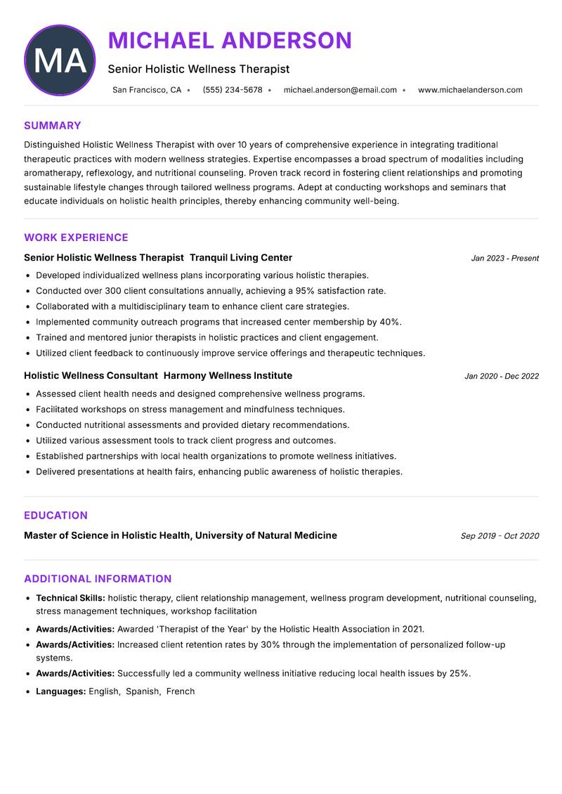 Holistic Wellness Therapist Resume Preview Example