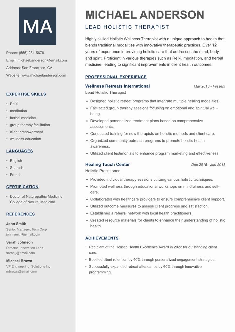 Holistic Wellness Therapist Resume Preview Example