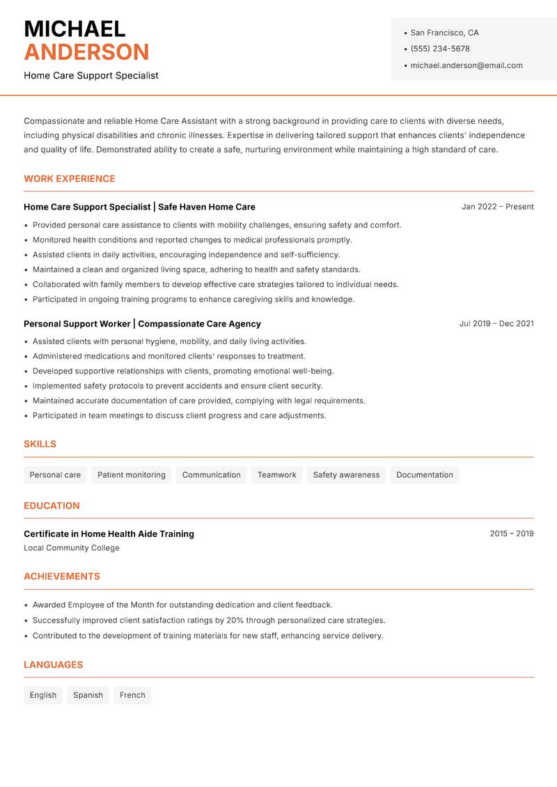 Home Care Assistant Resume Template