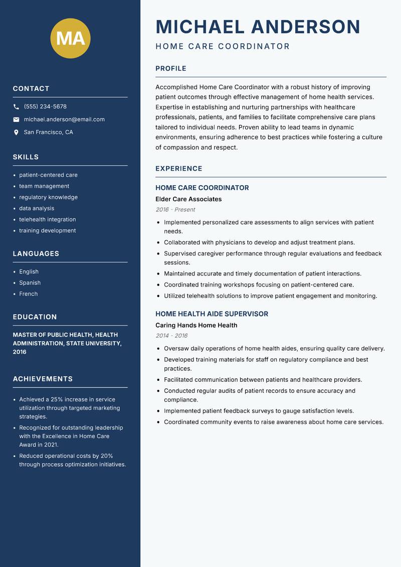 Home Care Coordinator Resume Preview Example