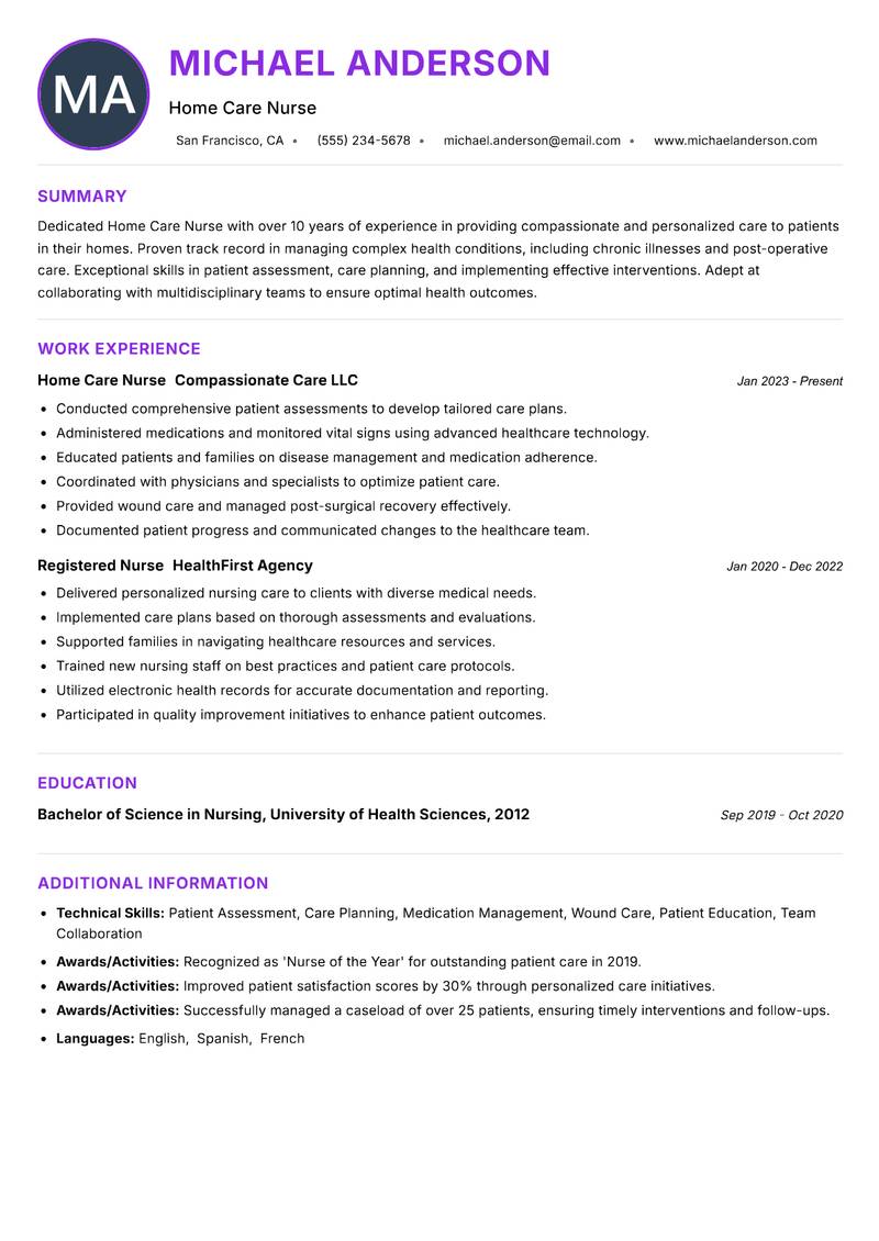 Home Care Nurse Resume Preview Example