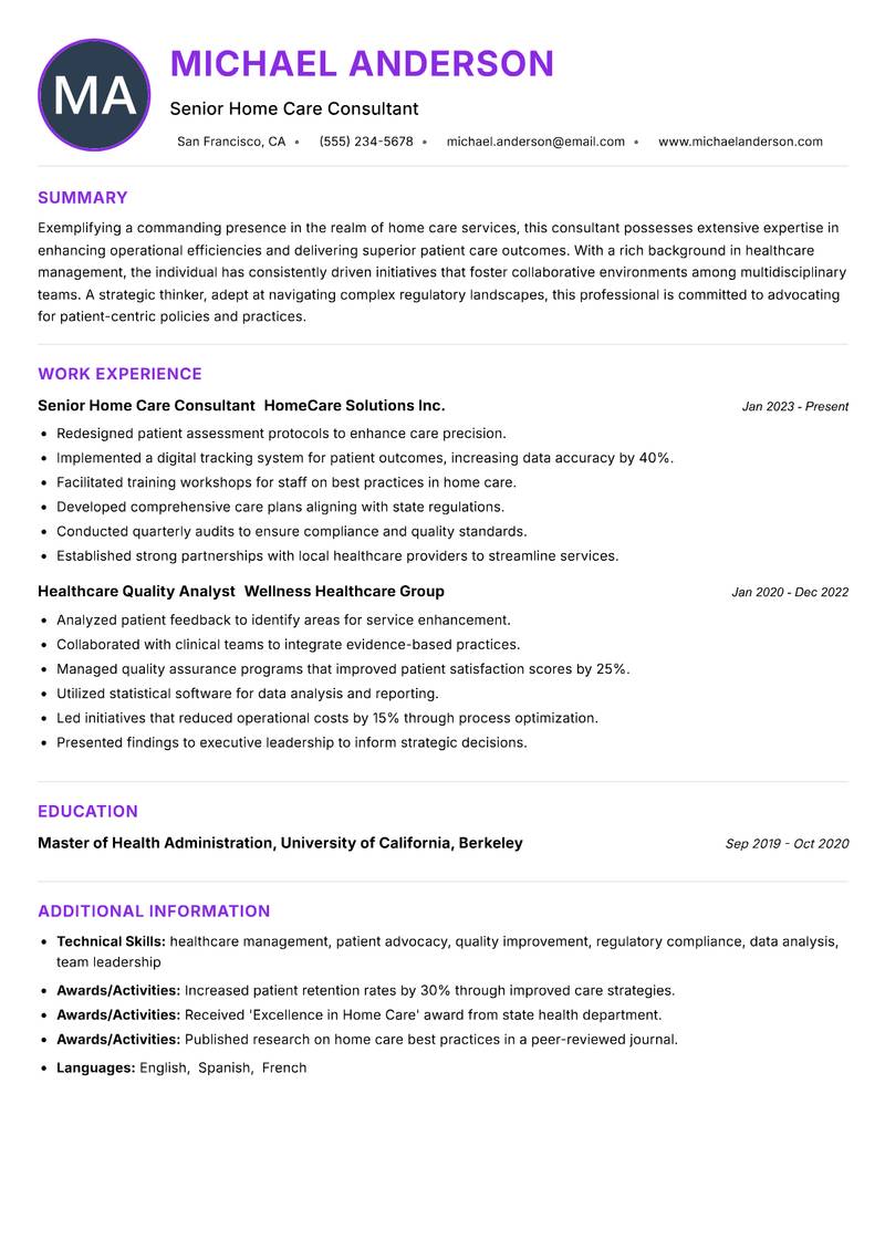 Home Care Services Consultant Resume Preview Example
