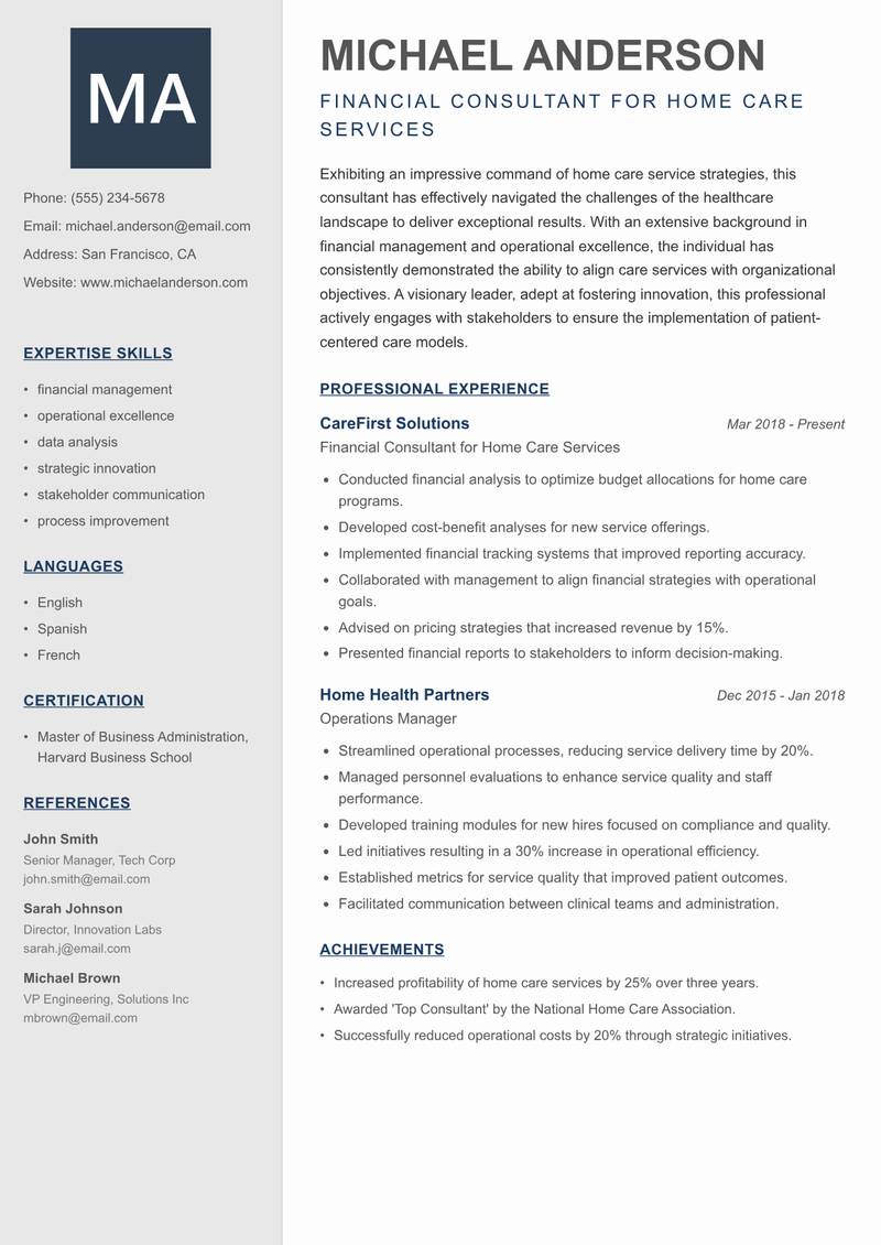 Home Care Services Consultant Resume Preview Example