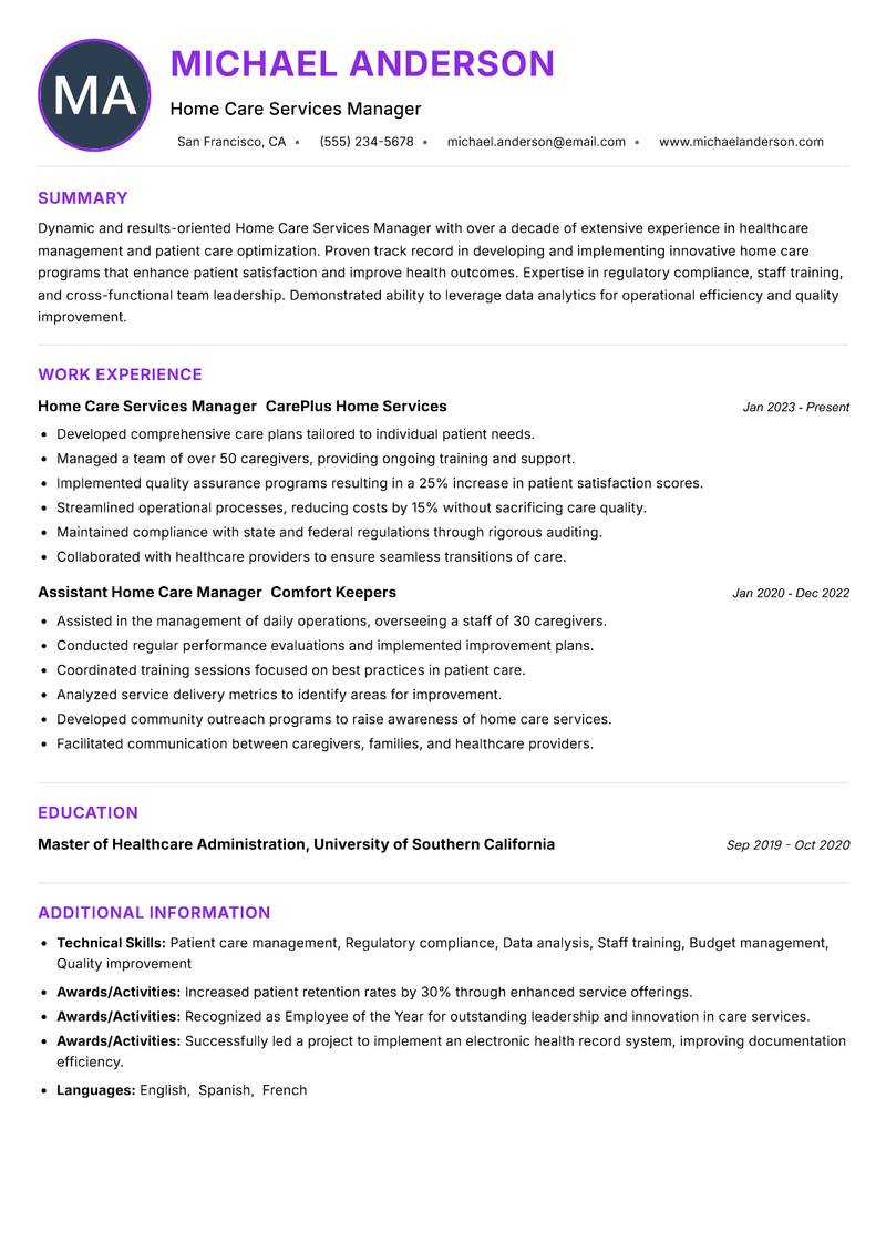 Home Care Services Manager Resume Preview Example