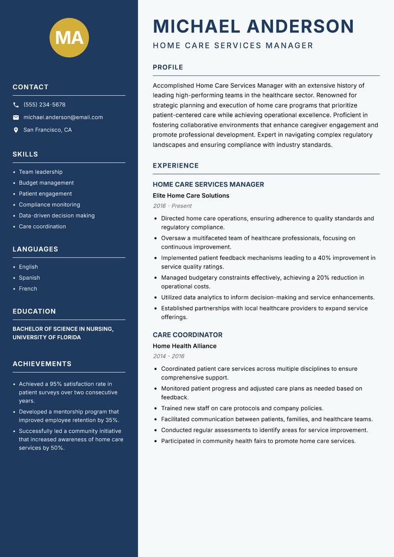 Home Care Services Manager Resume Preview Example