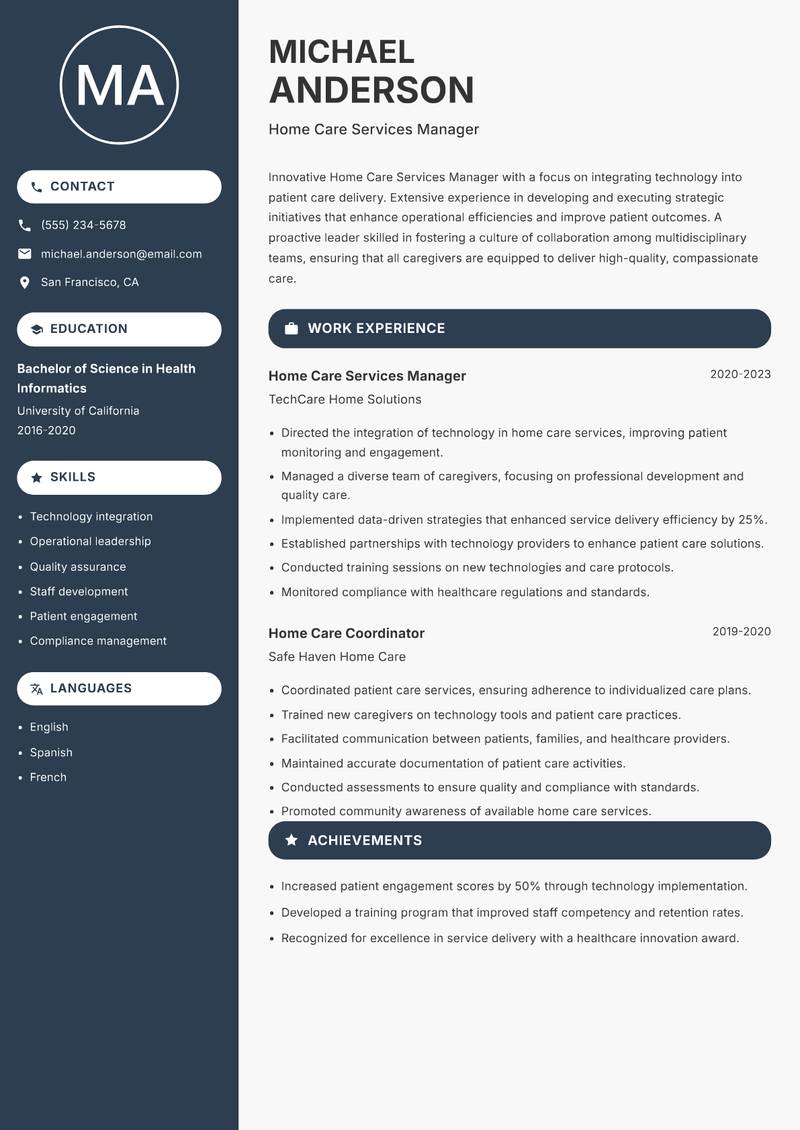 Home Care Services Manager Resume Preview Example