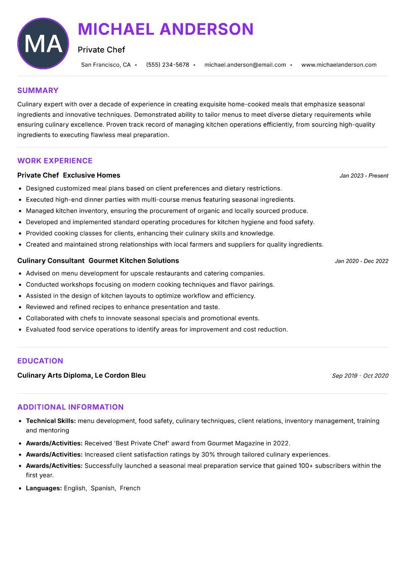 Home Cook Resume Preview Example
