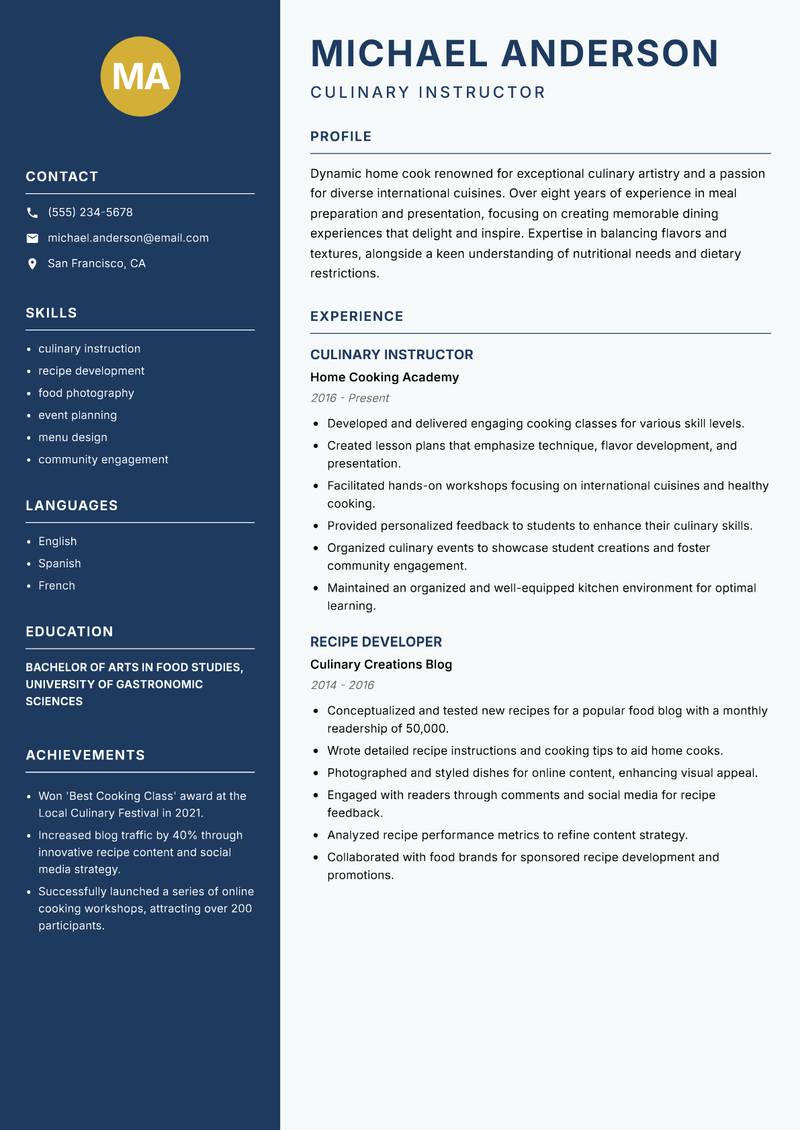 Home Cook Resume Preview Example