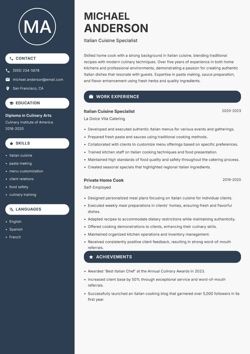 Home Cook Resume Preview Example