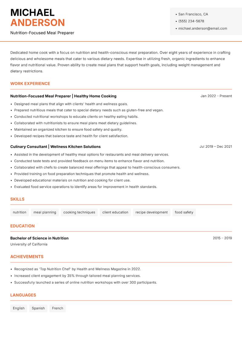 Home Cook Resume Template