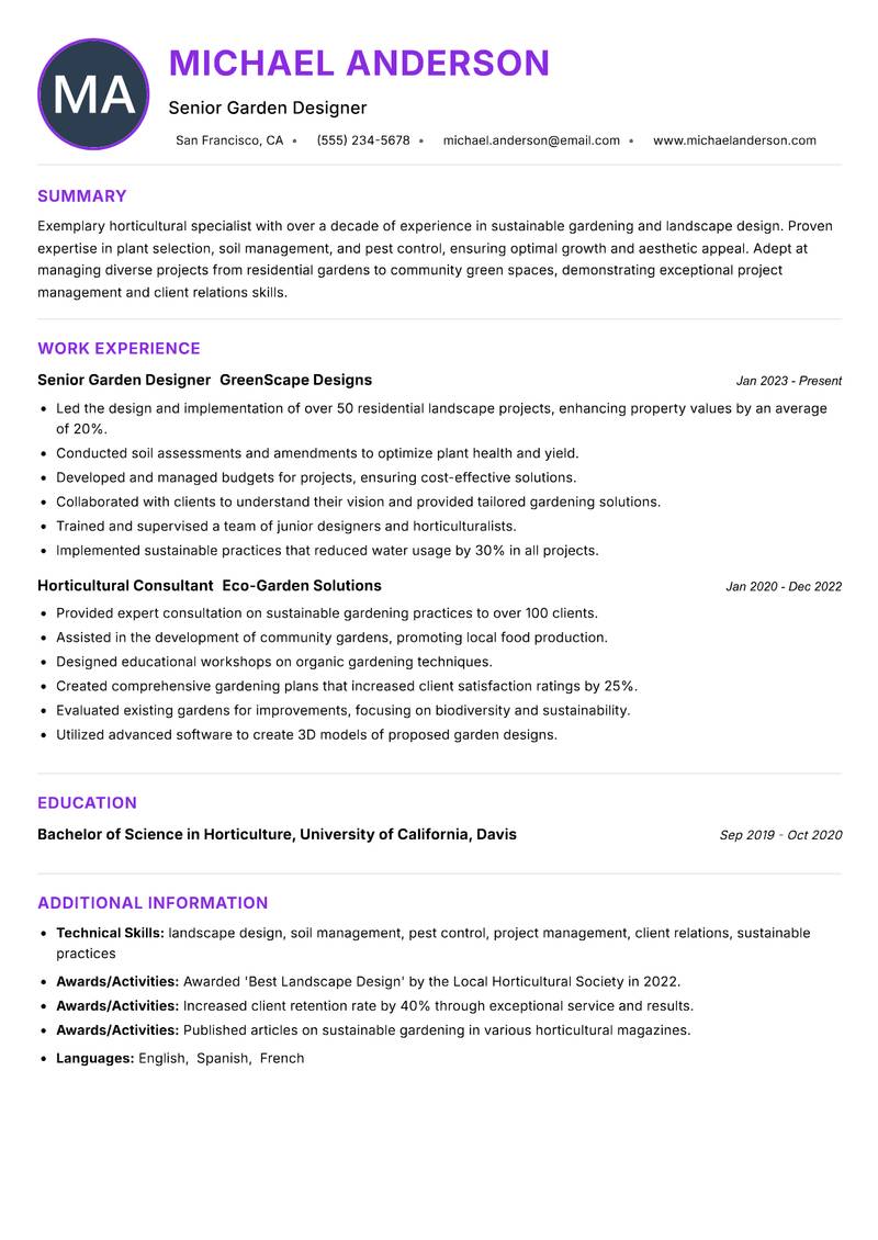 Home Garden Caretaker Resume Preview Example