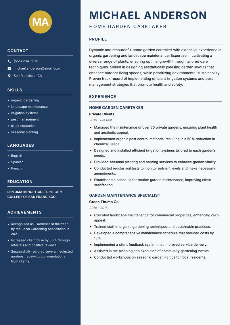 Home Garden Caretaker Resume Preview Example