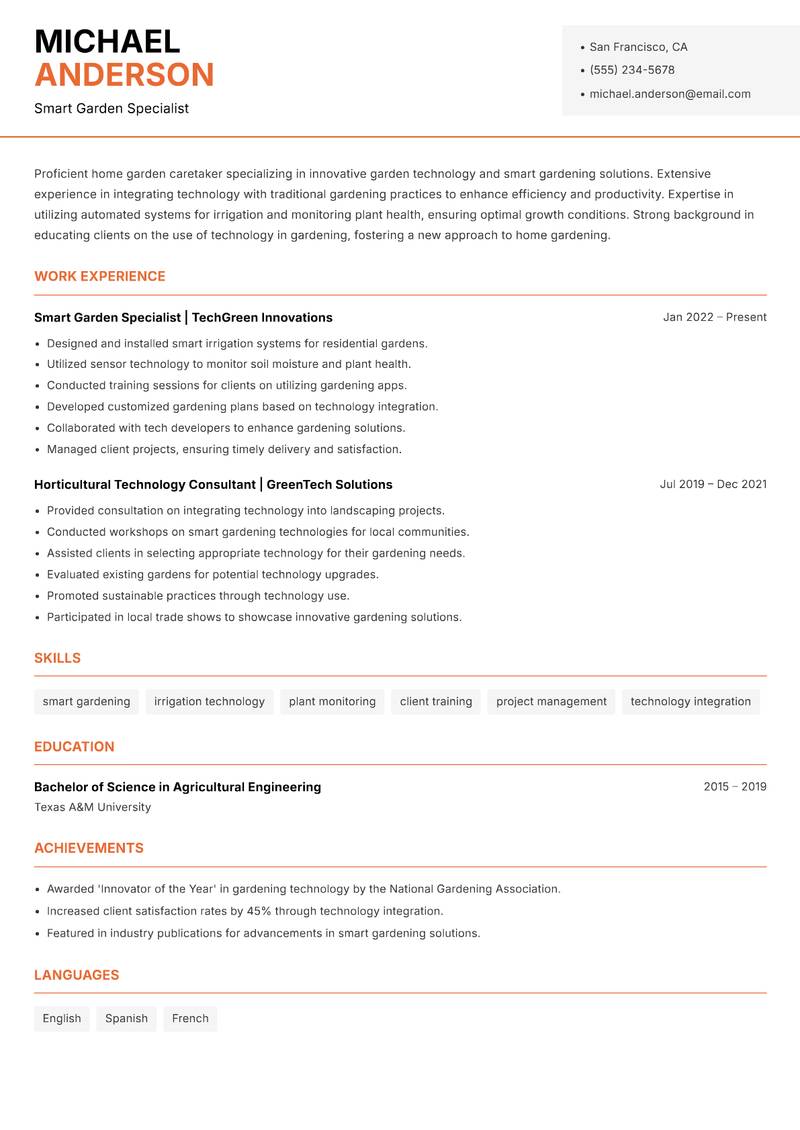 Home Garden Caretaker Resume Template