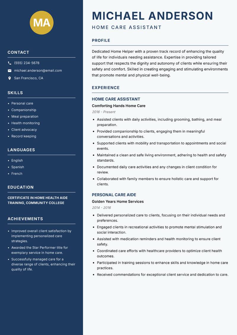 Home Helper Resume Preview Example