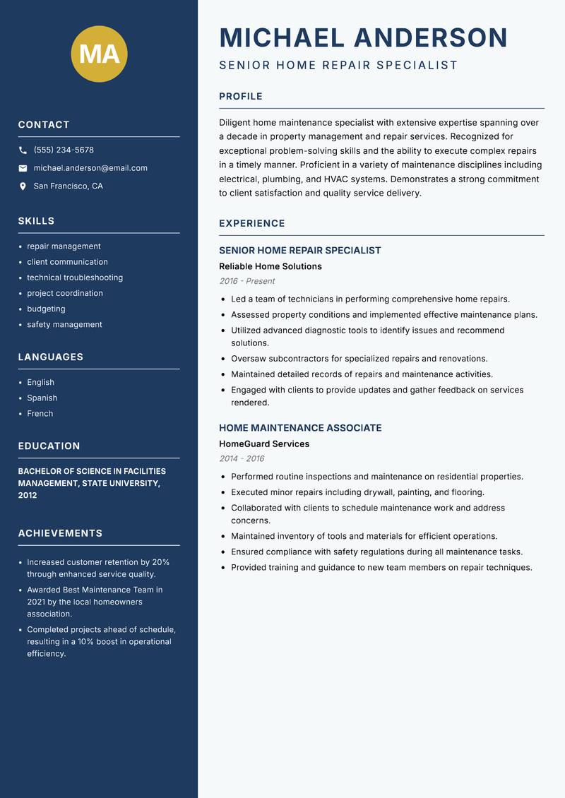 Home Maintenance Helper Resume Preview Example