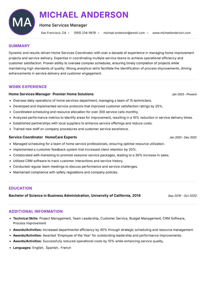 Home Services Coordinator Resume Preview Example