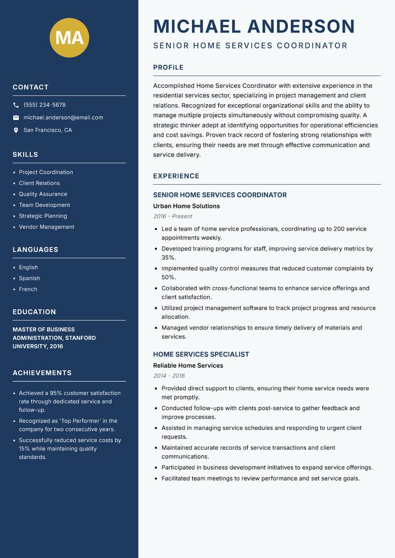 Home Services Coordinator Resume Preview Example