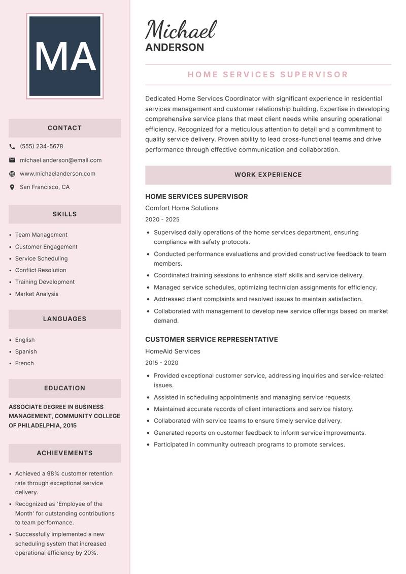Home Services Coordinator Resume Preview Example