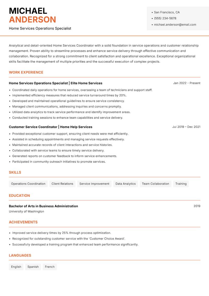 Home Services Coordinator Resume Template