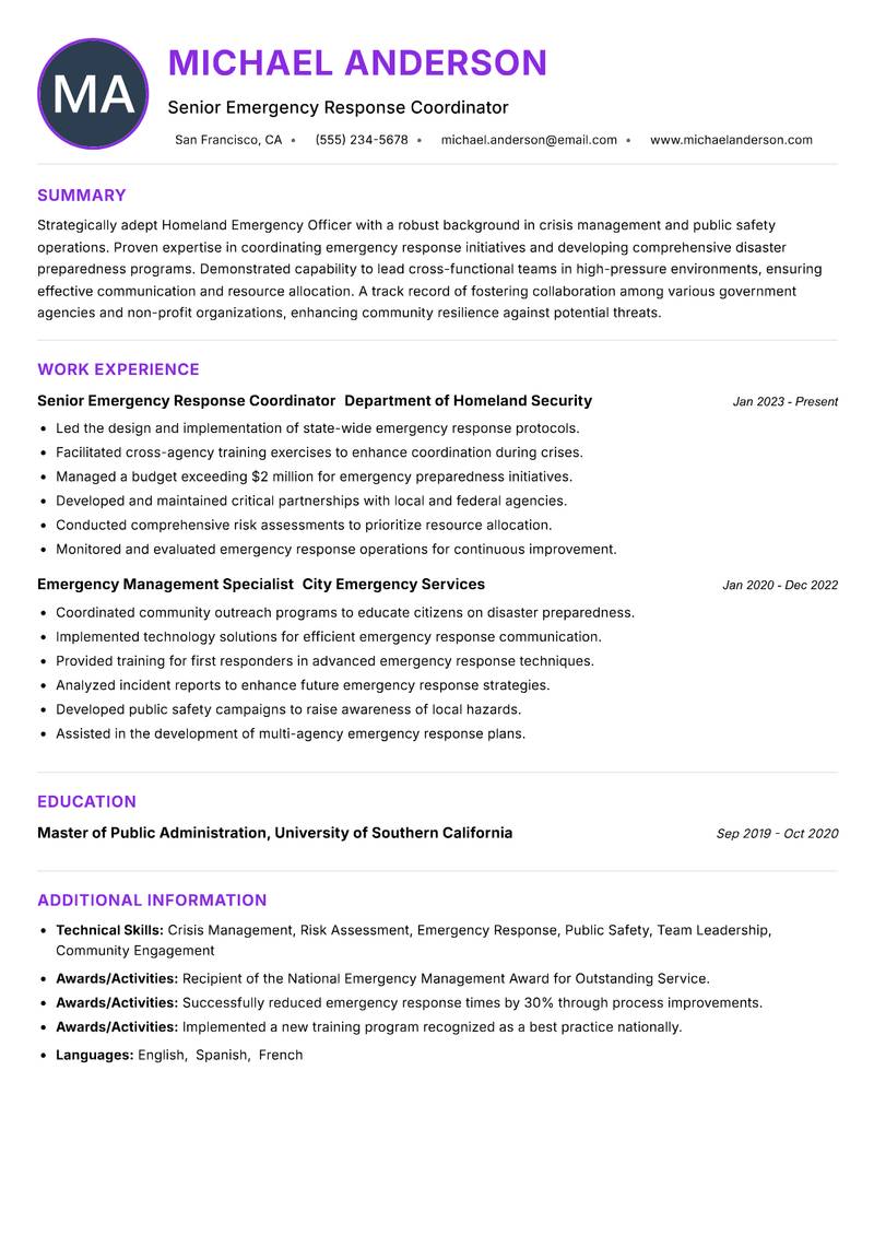 Homeland Emergency Officer Resume Preview Example